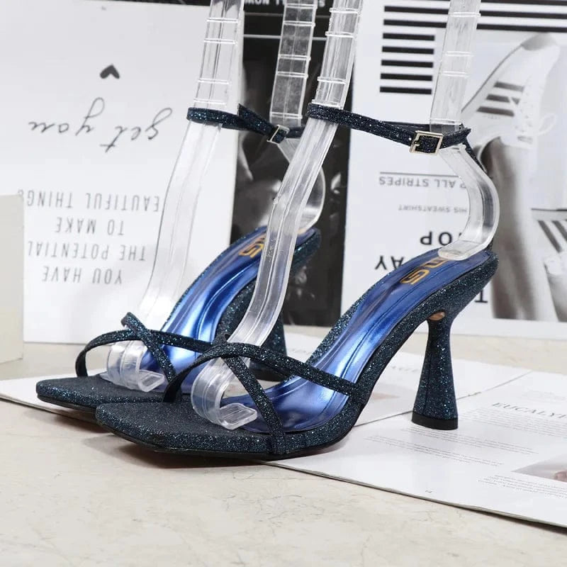 38 / Blue 7272-3 Fashion Women Summer High Heel Pumps Female Square-toe Sequins Cross-tie Stilettos Ladies Outside Party Banquet Sandals
