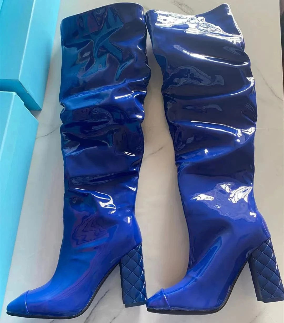 38 / Blue Custom Colors Women Over Knee High Boots High Chunky Heels Boots Ladies Long Shiny Patent Square toe Thigh High Boots Size 13