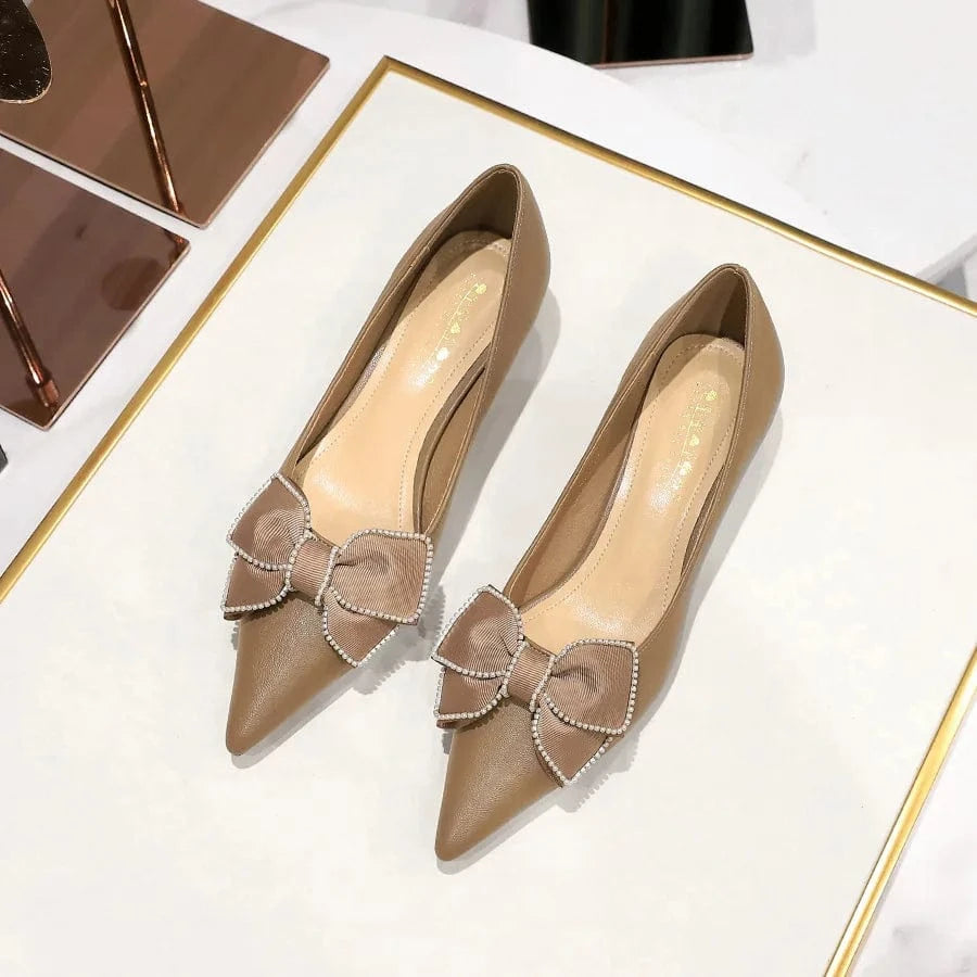 38 / Camel` Fashion Point Toe Bowknot Women Low Heels Stilettos Outside Office Ladies Dress Shoes Spring Summer Sandals Female