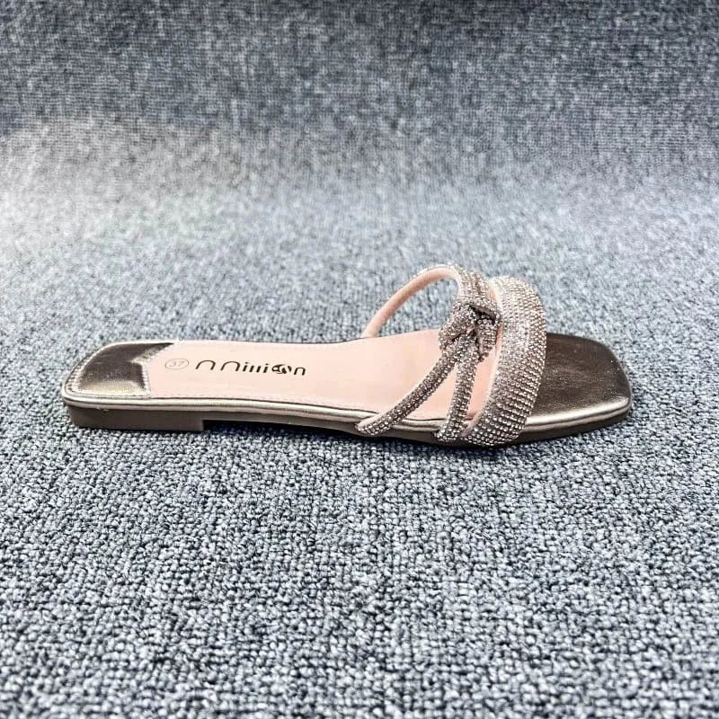 38 / champagne Dropshipping Custom Logo Summer Women`s Flat Beach Slippers Outdoor Comfortable Fashion Rhinestone Slides