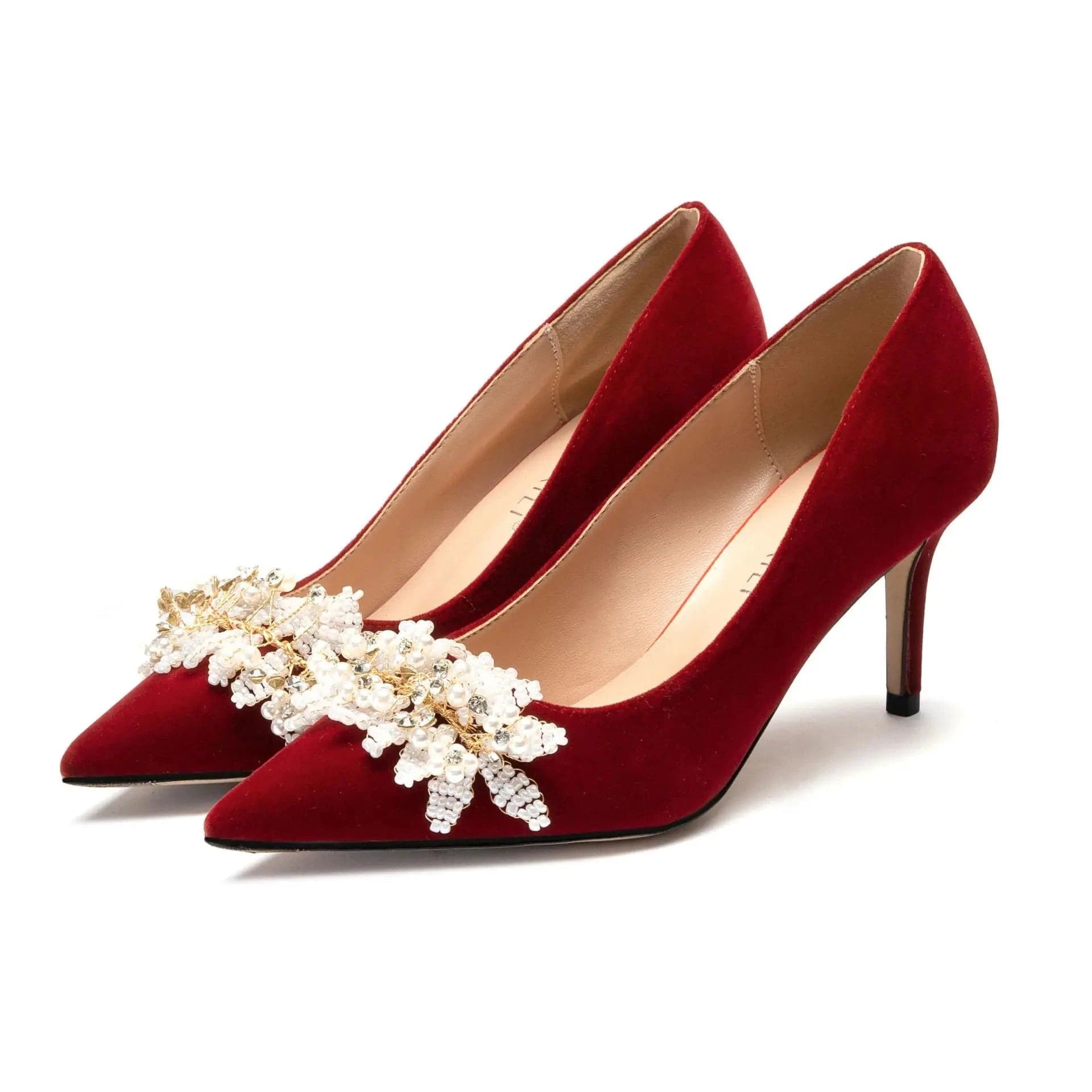 38 / Claret(9cm)` New Female Autumn Point Toe High Heels Shallow Blossom Pearls Pumps Shoes Outside Ladies Wedding Dress Sandals