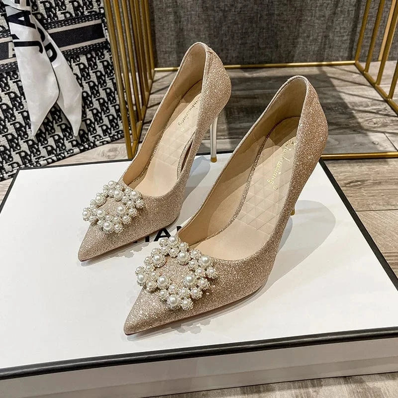 38 / Gold 6cm` New Arrival Women Pumps Fashion Point Toe Pearls Buckle Stiletto Wedding High Heel Pumps for Ladies