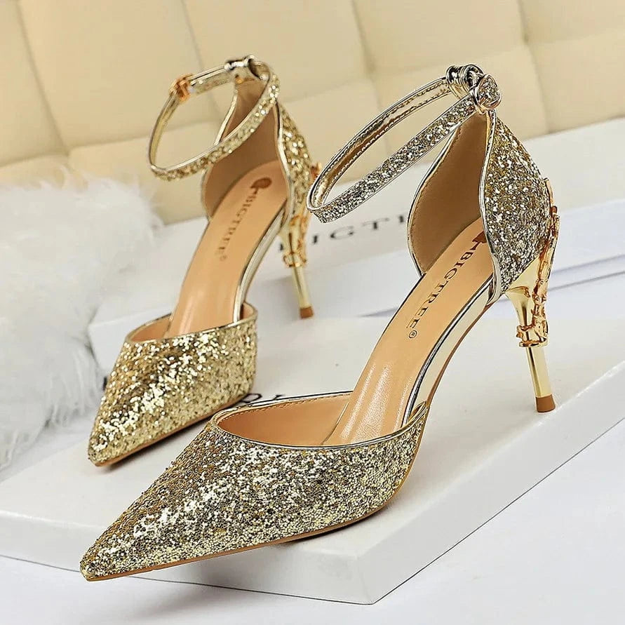 38 / Gold-7.5cm 283-5 Luxurious Trendy Ladies Sandals Hollow Out Party Metal Heel Shiny Sequin Slip-On High Heel Sandals Wedding Shoes For Bride