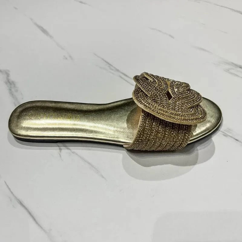 38 / Gold Dropshipping Custom Logo 2024 New Styles Colorful Rhinestone Women`s Slippers Fashion Beach Shoes Slides