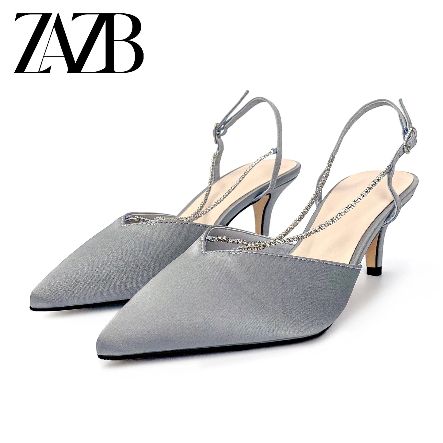 38 / Grayish blue Customized fine sandals Black metal chain decoration Fashion comfortable medium heel sandals
