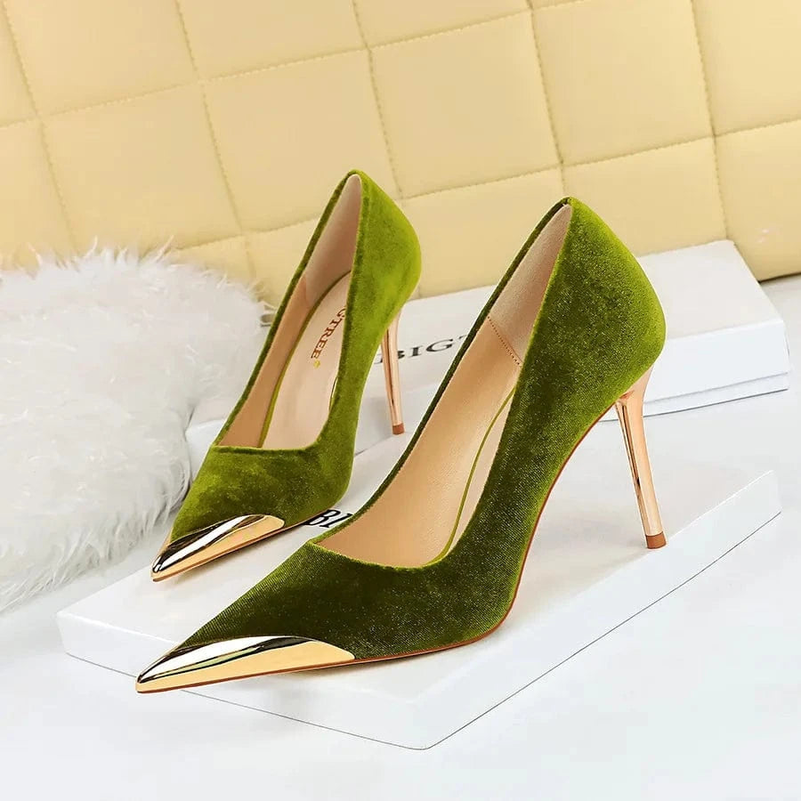 38 / green 10.5 cm Trendy Velvet High Heel Shoes for Ladies Pointed Stilettos Pumps Wedding Wear Women Dress Shoes Luxury
