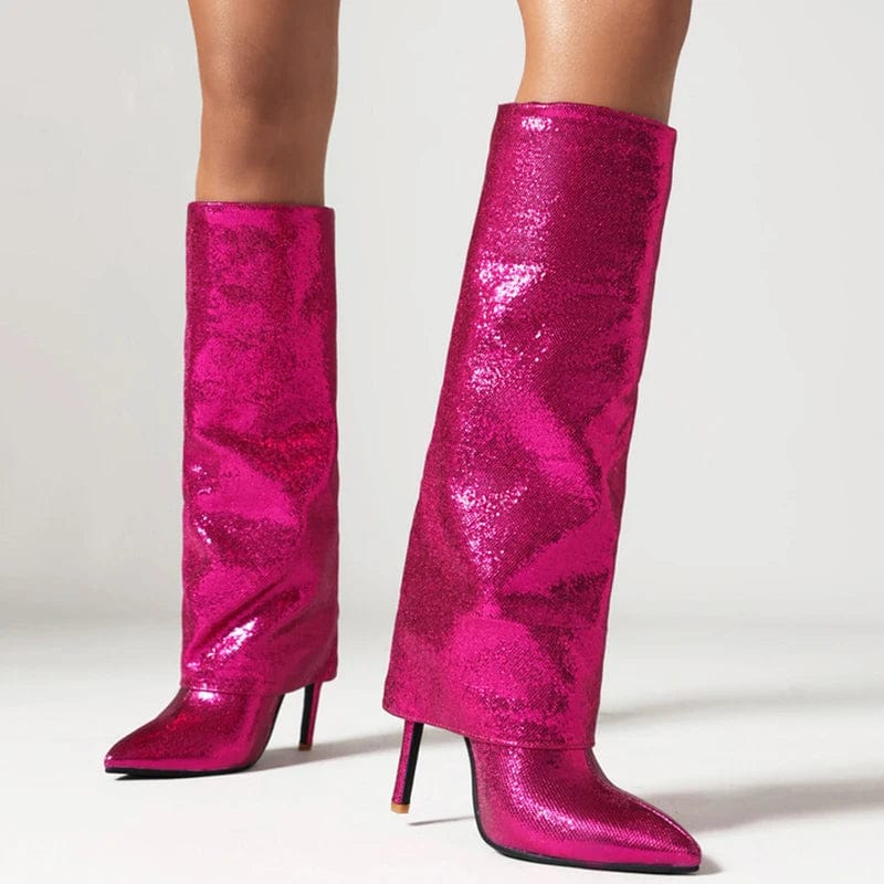 38 / hot pink Large Size 47 Sequin Materials Thin High Heel Overlay Boots Wide Fit Stiletto Shoes Women's Knee High Pants Booties