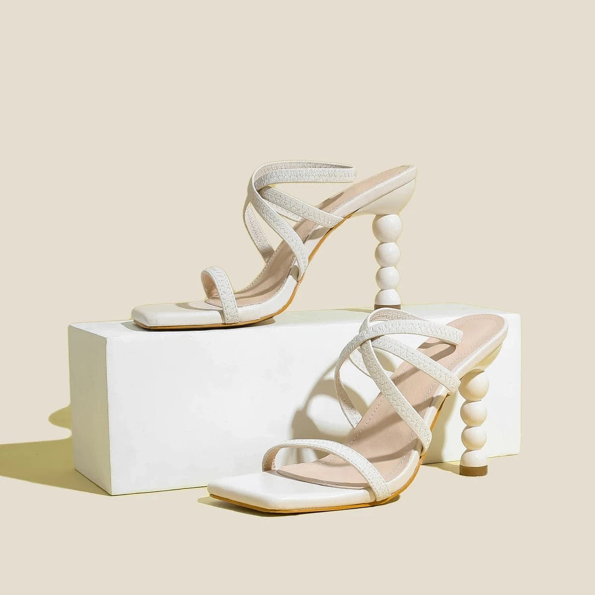 38,Insole length 240MM / Apricot trendy stiletto high heels size 35-42 shaped heels elastic slip-on straps comfortable sandals for women