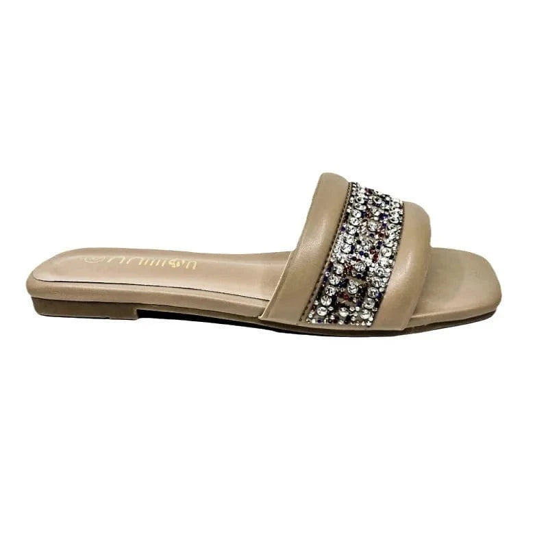 38 / Khaki Dropshipping Custom Logo Soft Flat Slippers Women Outdoor Fashion Design Rhinestone Beach Slides Slippers
