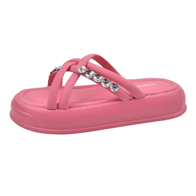 38 / Pink Dropshipping Custom Logo Designer Fashion Pink Color Rhinestone Ladies Slippers Summer Flat Slides Slippers for Women