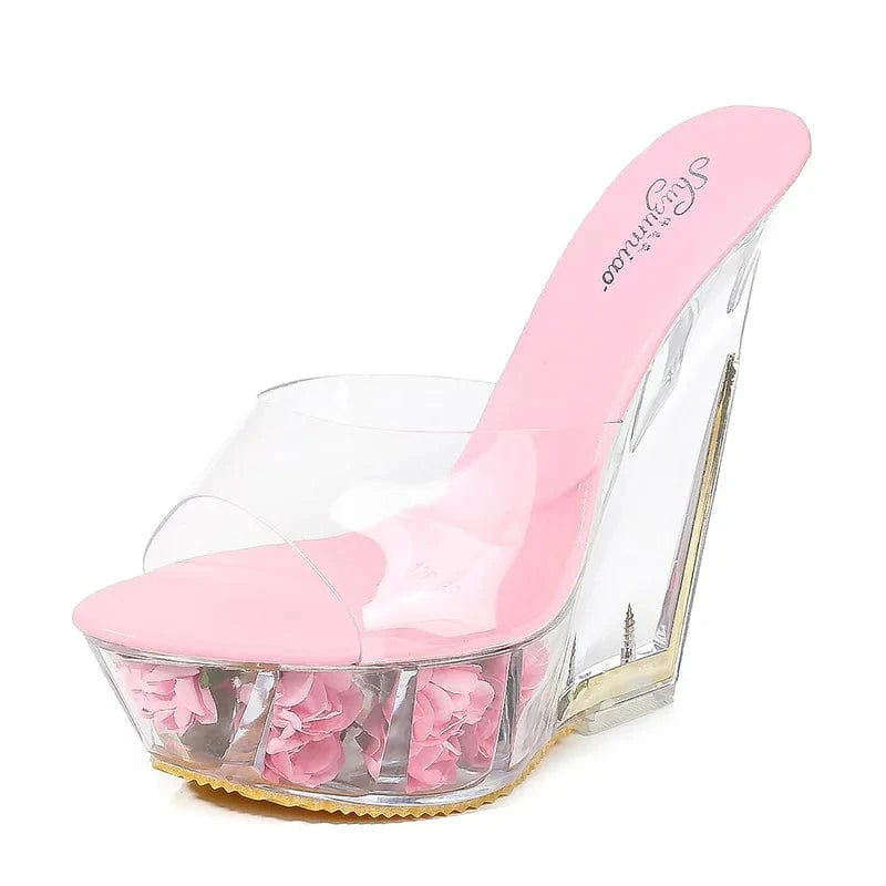 38 / Pink Fashion Platform Wedge Heels 15 CM Sexy Shoes Women Heels Sandals Chunky High Heels Slippers
