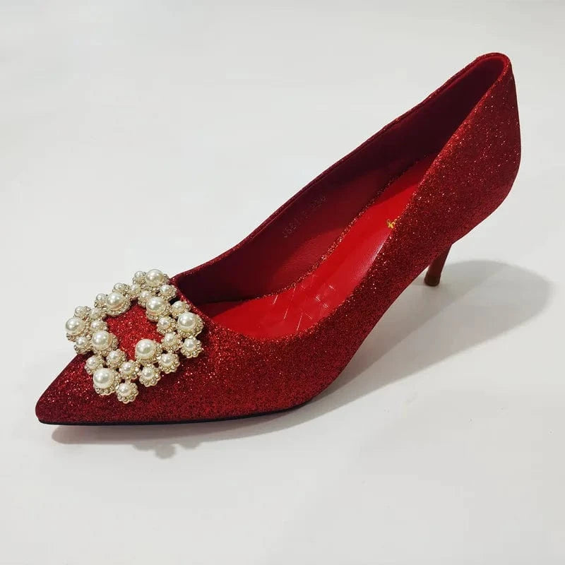 38 / Red 6cm` New Arrival Women Pumps Fashion Point Toe Pearls Buckle Stiletto Wedding High Heel Pumps for Ladies