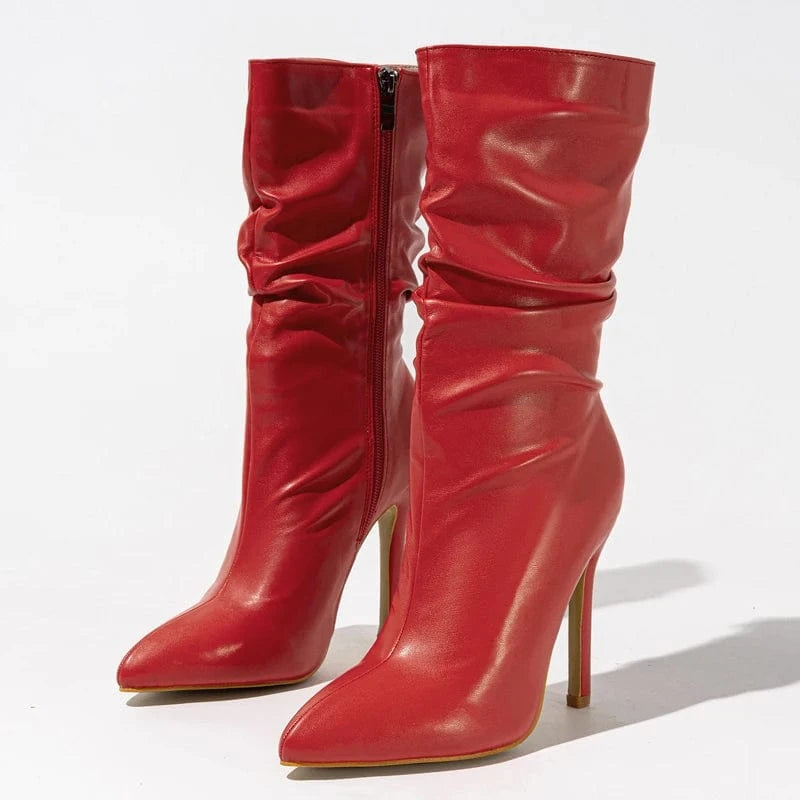 38 / Red Aneikeh Black Party Wedding Fashion PU Solid Pleated Zipper Boots Women Winter Fashion Pointed Toe Thin High Heel Short Botas