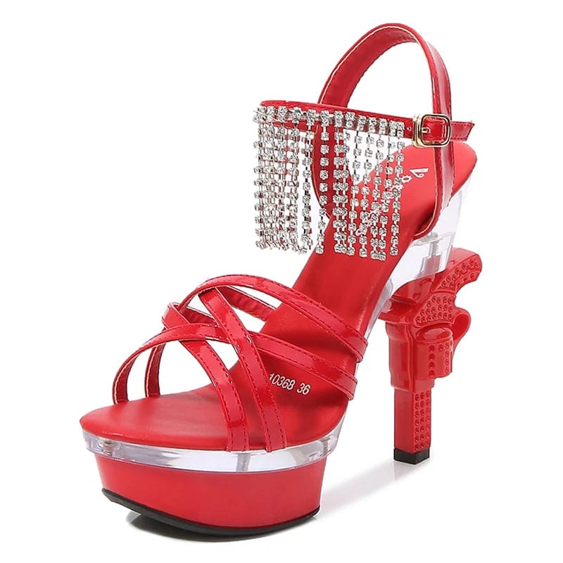 38 / Red Attractive Design Ankle Strap High Heels 14 cm Exotic Strippers Heels Chunky Platform Sandals Women Shoes