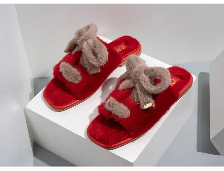 38 / Red Fashion Suede Bow Silk Ribbon Fuzzy Lady Shoes Soft Villus Outside Women Cotton Slippers