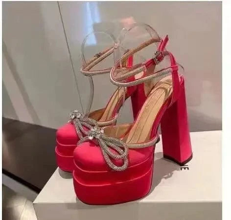 38 / Red Four Seasons Bright Diamond High Heel Single Shoes 14CM Bow 35-43 Water Diamond Bow Thick Heel Sandals