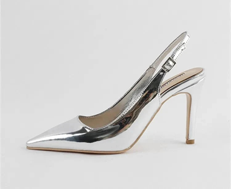 38 / Silver 9cm Women Casual Solid Color Slingback High Heels Sandals Pointed Toe Summer Wrap Toe Dress Shoes