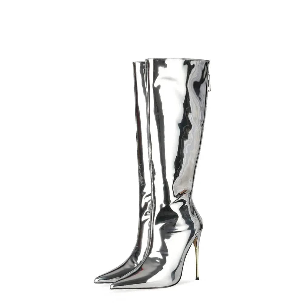 38 / silver Botas De Mujer Fashion Design Metallic Boots Women Mirror Leather Pointed Toe Stiletto Thin Heels Long Boot Knee High Boots