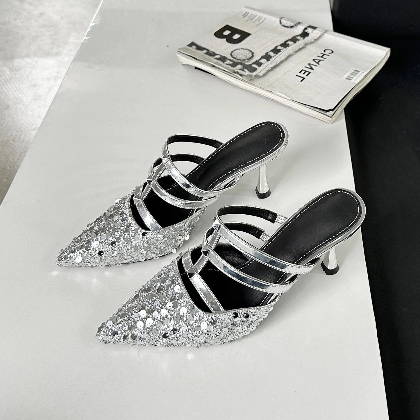 38 / silver Hot sale 2024 new fashion slippers sequins pointed heel shoes 8.5cm high heels hypermarket