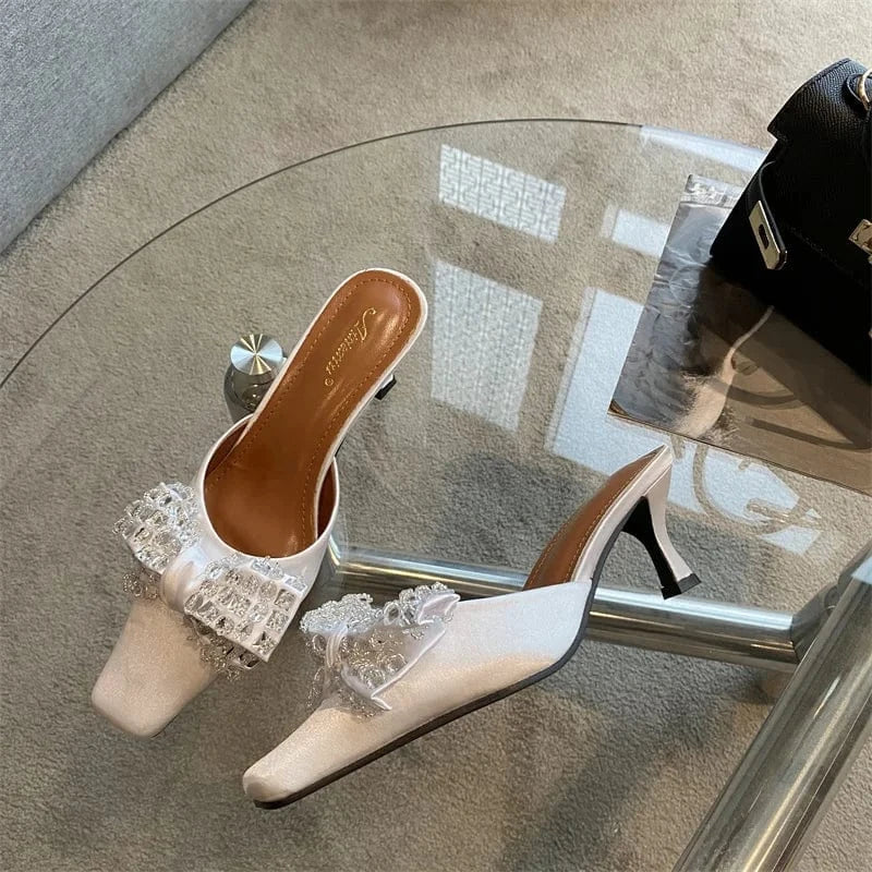 38 / White 2023 Summer New European and American Women's Muller Square Buckle Pointed Diamond Satin Bowknot Stiletto Shoes