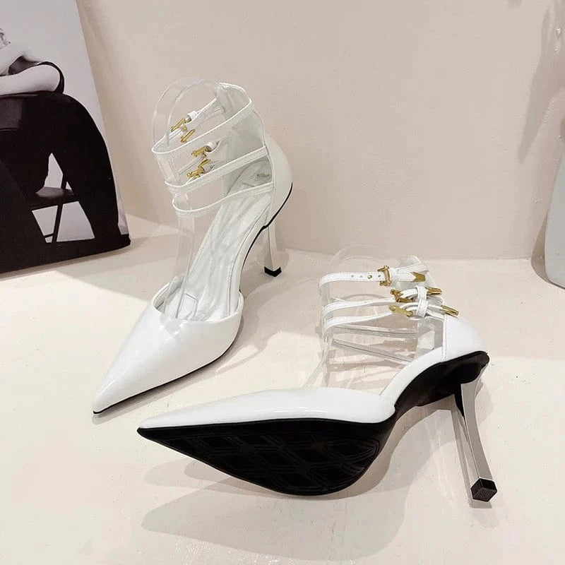 38 / White Aneikeh PU Pointed Narrow Band Buckle Strap Thin Pumps Party Wedding Zapatos NEW 2024 Elegant Sexy Side Empty High Heels Women's