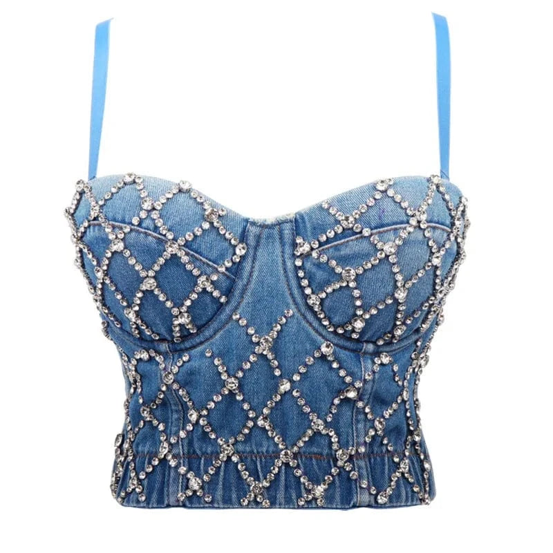 38C / Blue 2024 Wholesale Luxury Corset Design Diamonds Beading Denim Crop Tops for Women Sexy Camis
