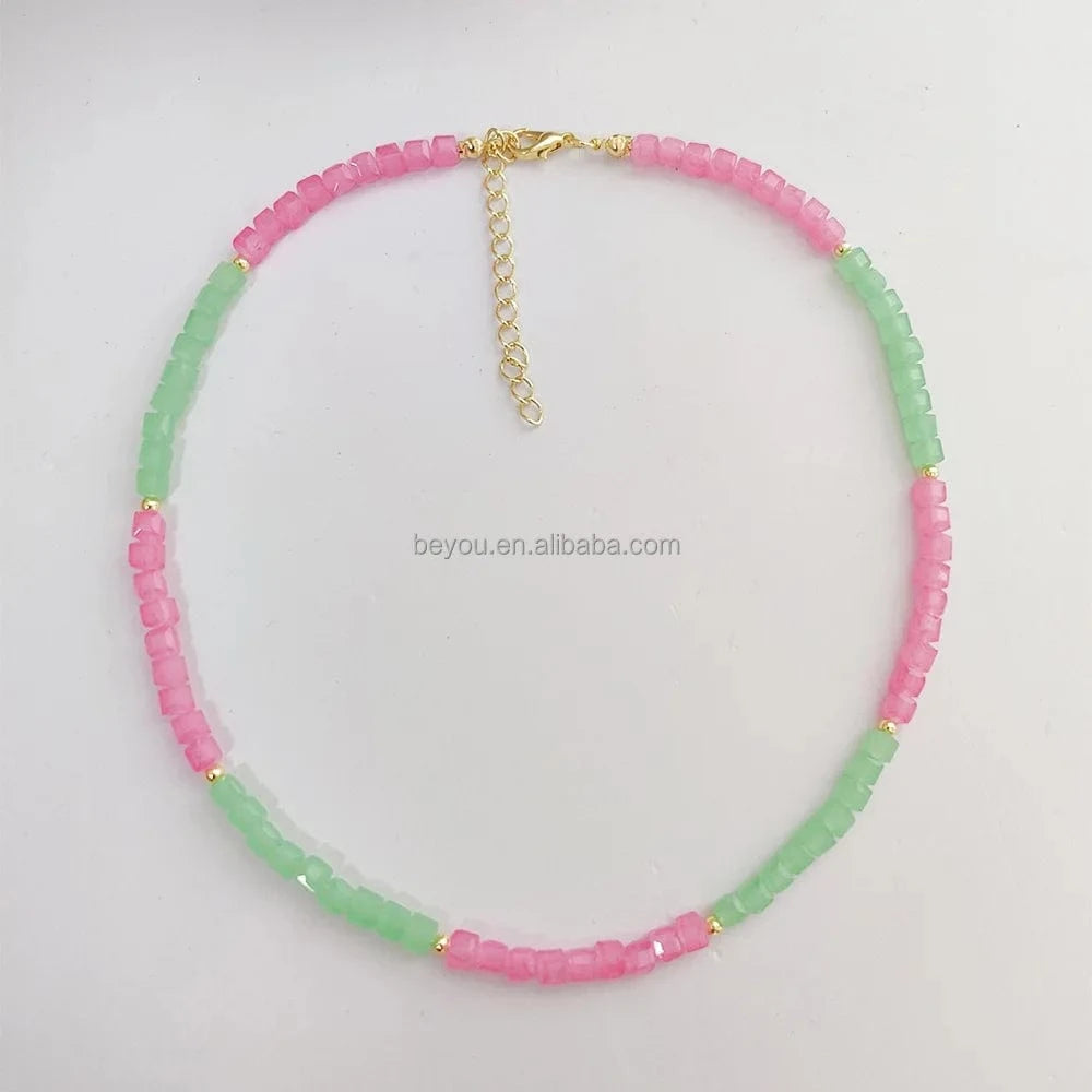 38cm+5cm / 1 / Gold Plated Pink Green Summer Color Beaded Natural Baroque Pearl Dopamine Necklace Clavicle Chain for Girls