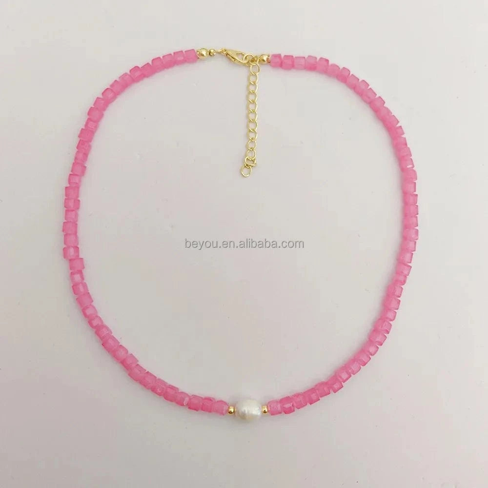 38cm+5cm / 1 / Gold Plated Pink Green Summer Color Beaded Natural Baroque Pearl Dopamine Necklace Clavicle Chain for Girls