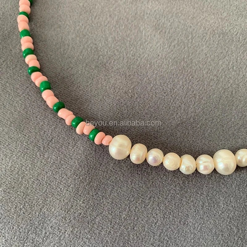 38cm+5cm / 1 / Gold Plated Pink Green Summer Color Beaded Natural Baroque Pearl Dopamine Necklace Clavicle Chain for Girls