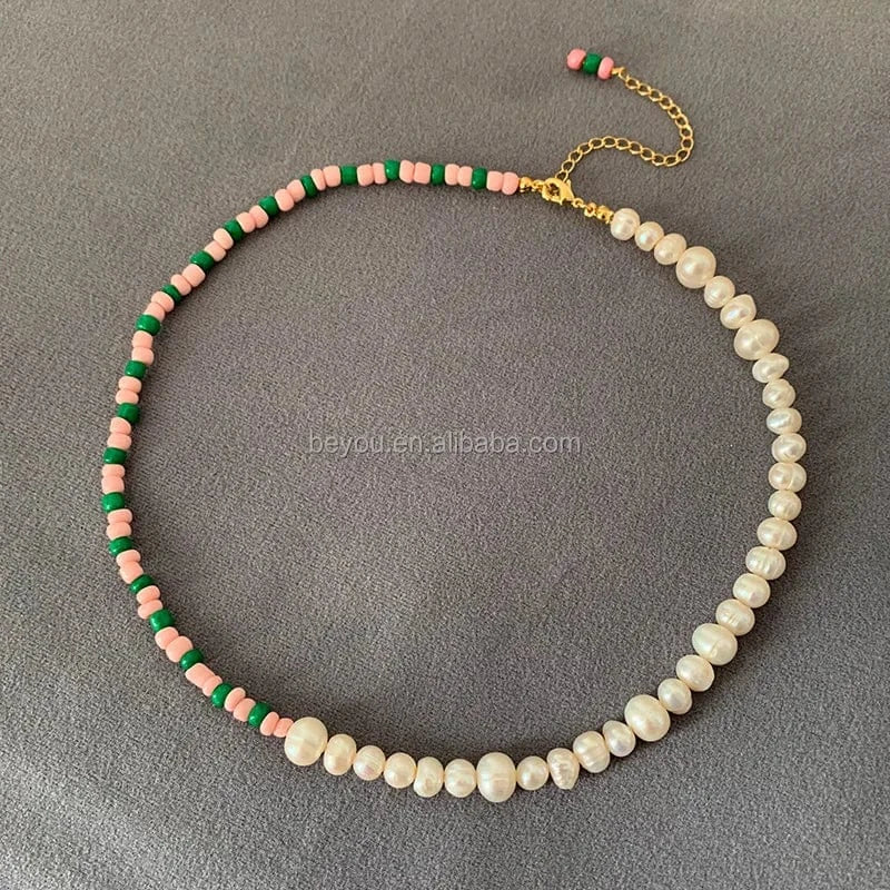38cm+5cm / 1 / Gold Plated Pink Green Summer Color Beaded Natural Baroque Pearl Dopamine Necklace Clavicle Chain for Girls