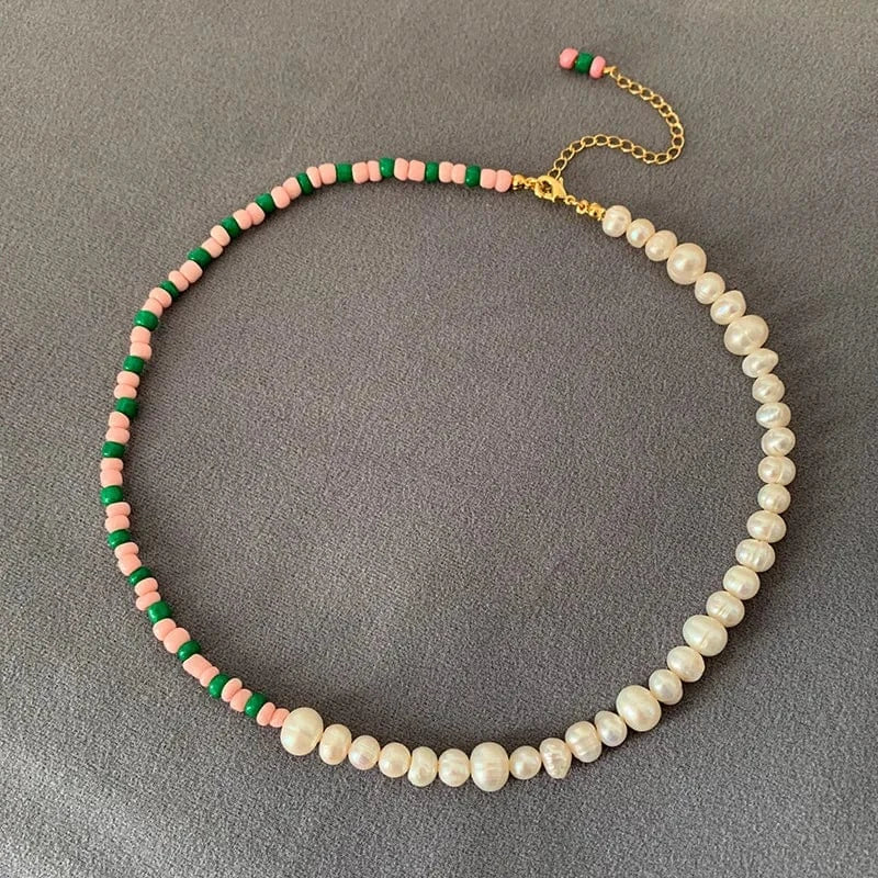 38cm+5cm / 1 / Gold Plated Pink Green Summer Color Beaded Natural Baroque Pearl Dopamine Necklace Clavicle Chain for Girls