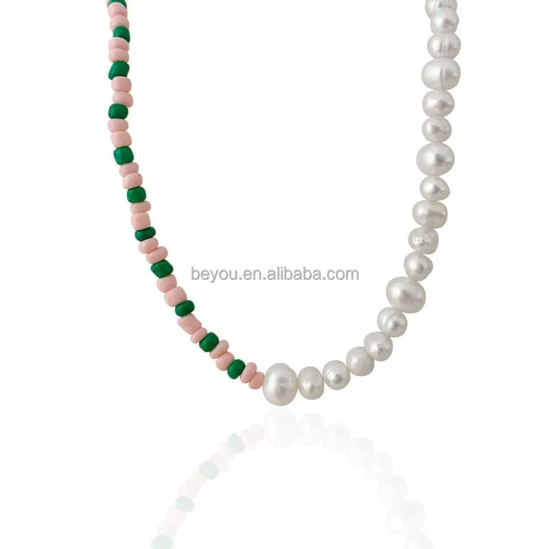38cm+5cm / 1 / Gold Plated Pink Green Summer Color Beaded Natural Baroque Pearl Dopamine Necklace Clavicle Chain for Girls