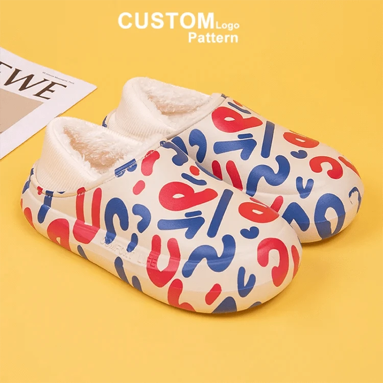 39 / 1 Custom Warm Eva Winter Fuzzy Ladies Sandals Flat Half Shoes Cartoon Color Printing Furry Female Men'S Slides Slippers Wholesale