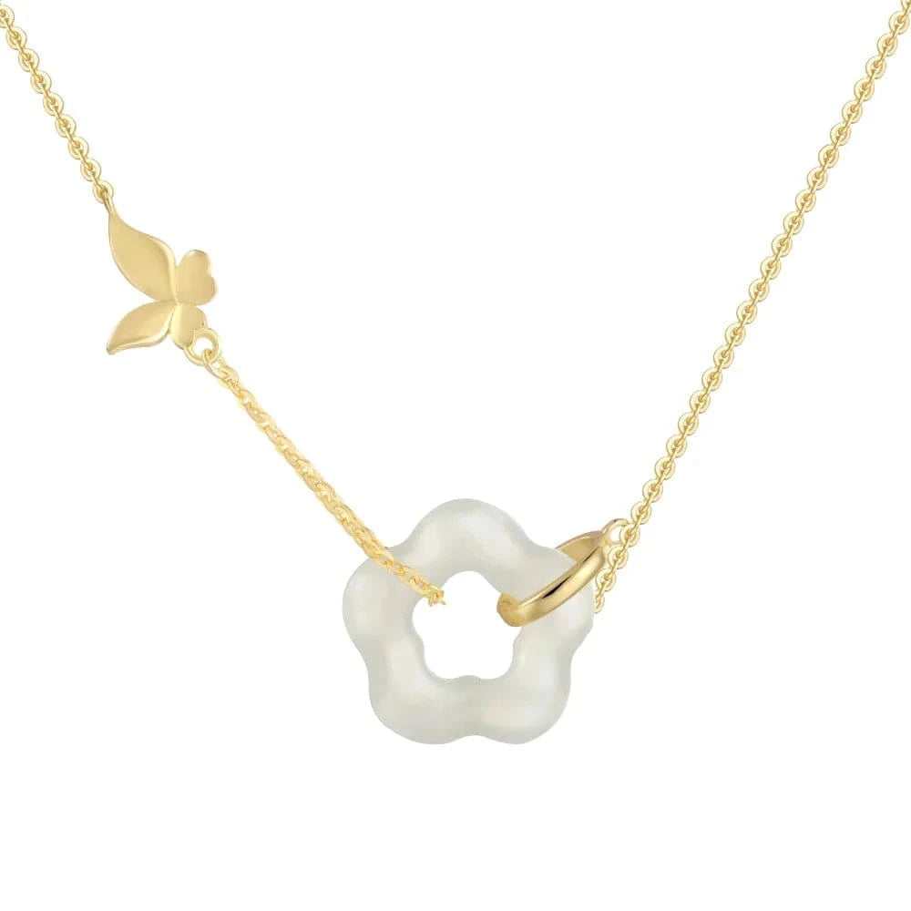 39+5 cm / DY190727-S-G-DL Dylam 925 Sterling Silver 22K Gold Plated Choker Flower Butterfly Jade Dangle Necklace Hetian Floral Jade Charm Necklaces Women