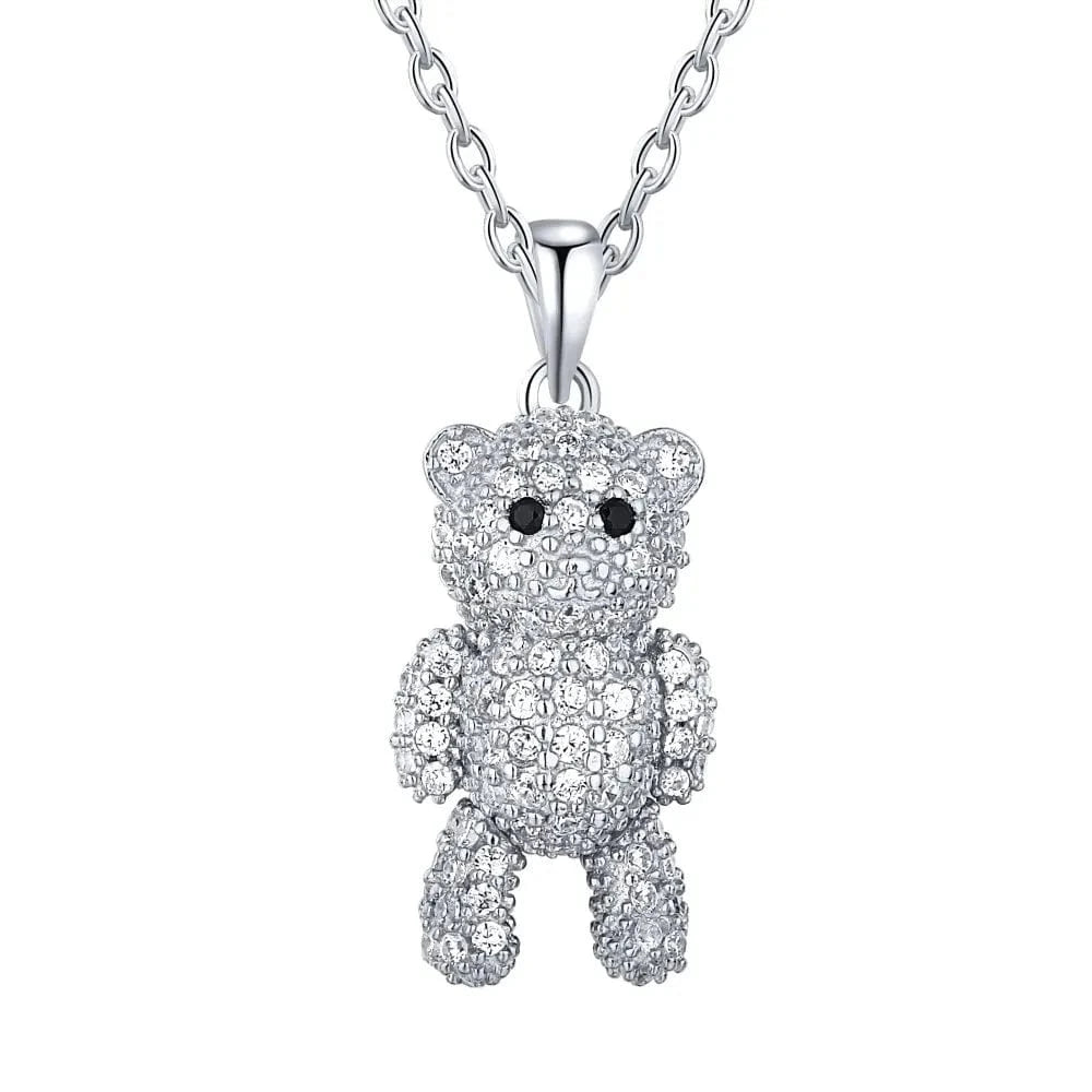 39+5cm / NE190058-S-W-WH Dylam Dazzling Jewelry 5A Cubic Zirconia Diamond Rhodium 18K Gold Plated Teddy Bear Charm Pendant Fine Fashion Jewelry Necklace