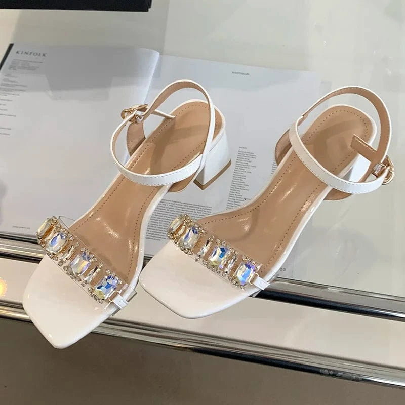 39 / Apricot Aneikeh Women Patent Leather Buckle Lace Up Sandals Wedding Dress Summer Shiny Crystal Rhinestone Open Toe Thick Heels NEW 2023