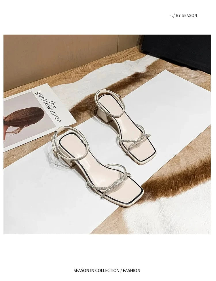 39 / Beige 2022 Summer Sexy One-word Buckle Mid Heel Shoes Fairy Style Women Rhinestone Sandal Block Heel