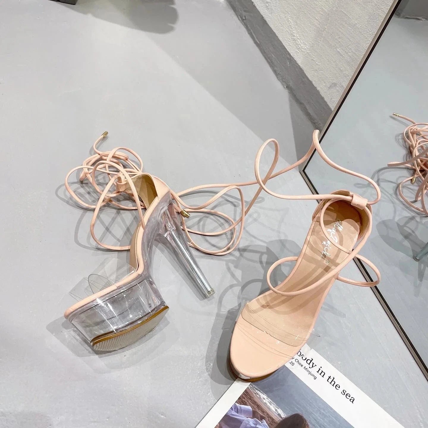 39 / Beige wholesale Fashion heels pvc sandals crystal transparent High Heels lace up heels fancy party shoes women clear platform sandals