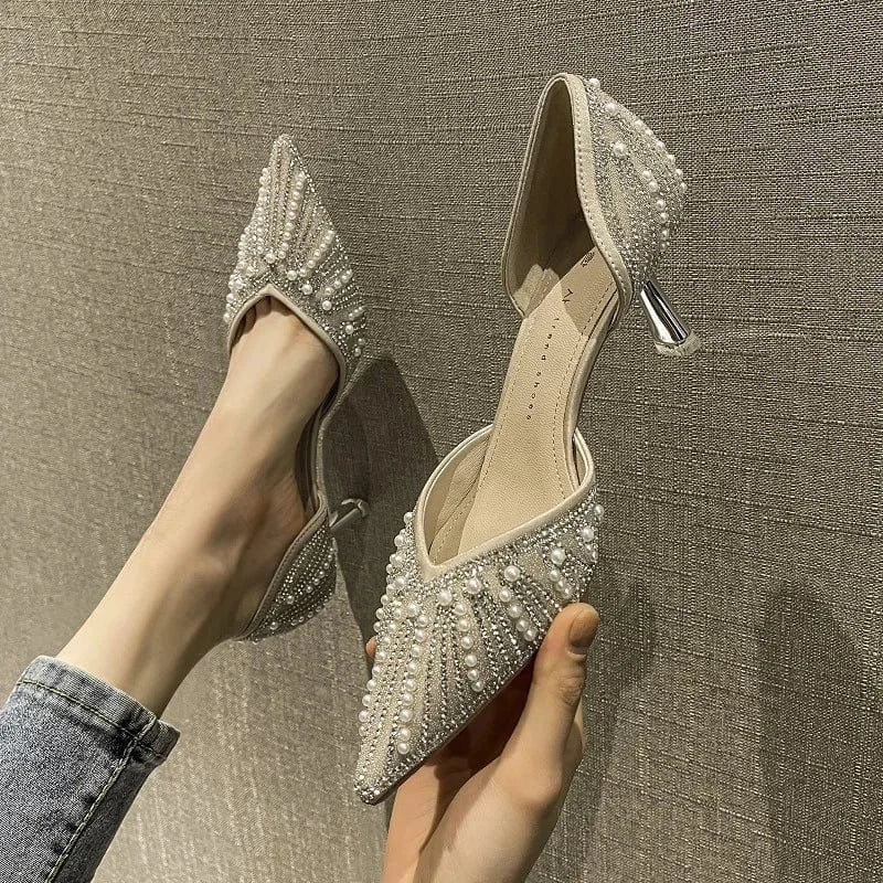 39 / Beige Y Rhinestone mid ladies high stiletto heels shoes 2024 fashion women's heeled closed toe sandals wedding shoes
