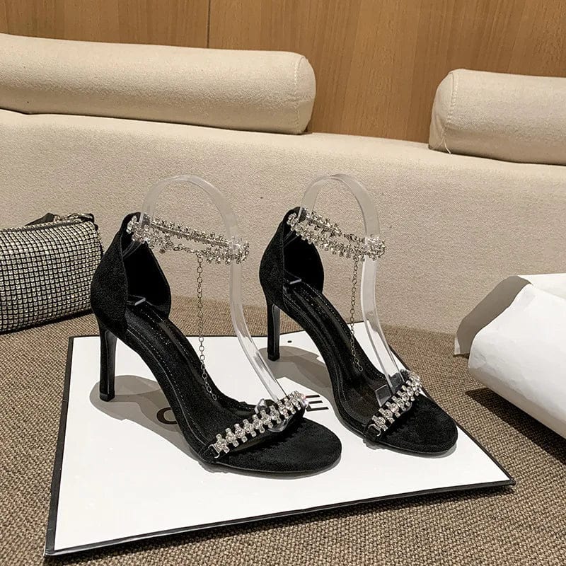 39 / Black(8cm)` New Summer Female High Heels Stilettos Women Rhinestone Chain Peep-toe Sandals Sexy Party Banquet Ladies Dress Shoes