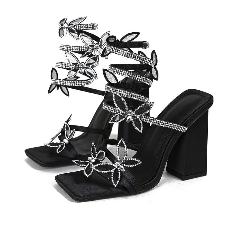 39 / Black AneikehBlack Fashion Slip-On Cross-Tied Square Head Polka Dot Bling High Heel Butterfly-Knot Sandals Strap Shoes Summer NEW 2024