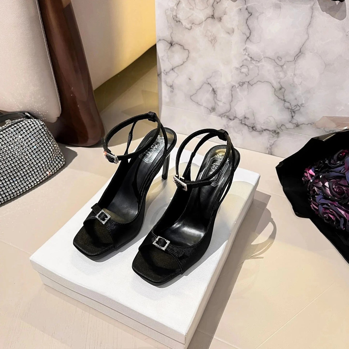 39 / Black Dropshipping Custom Logo Designer Denim Thin High Heels Girls Open Toe Pumps Shoes Women Ankle Strap Heeled Sandals