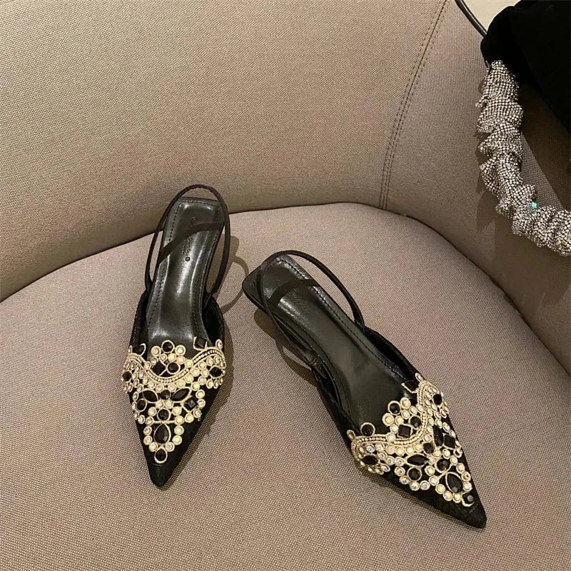 39 / Black Women's shoes factory rhinestone crown flower head mid-heel stiletto women's single shoes women's slippers