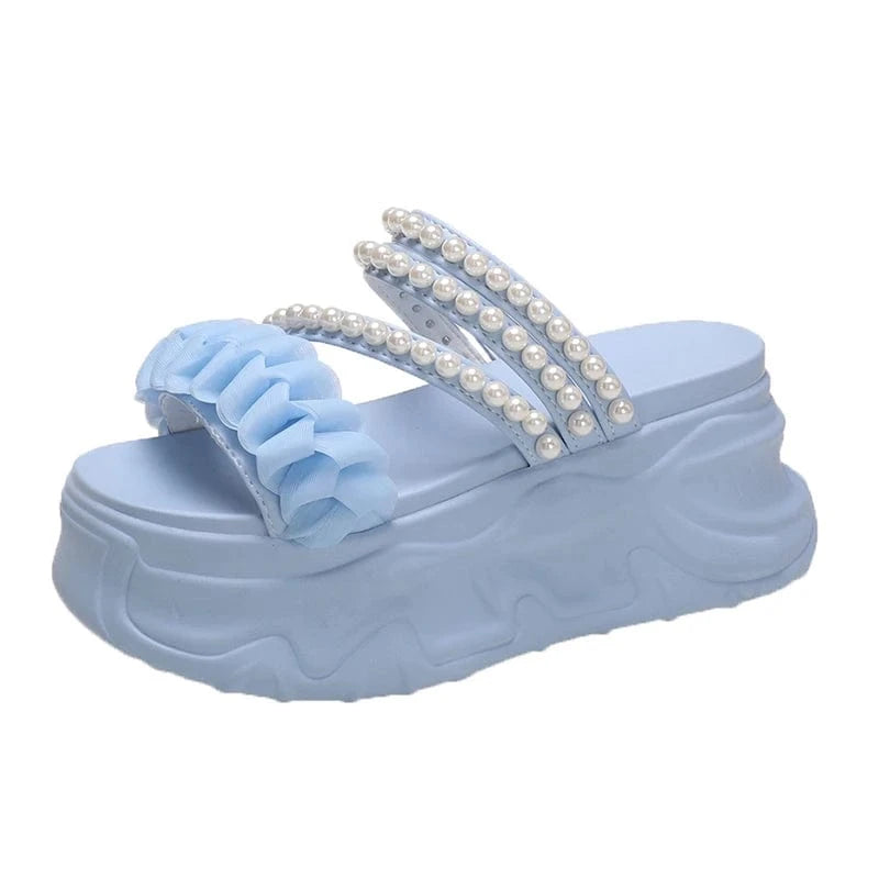 39 / Blue Dropshipping Custom Logo 2024 Women's Fashion Bohemian Roman Pearl Platform Sandals with EVA and PU Insoles