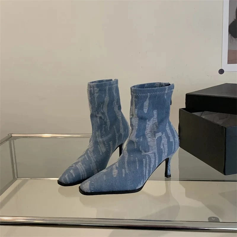 39 / Blue Fashion Bling Denim Flowers High Heels Boots Women 2023 Autumn Sexy Pointed Toe Ankle Boots Woman Zipper Thin Heeled Short Botas