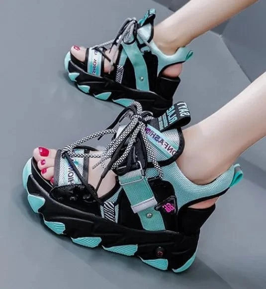 39 / Blue Ladies Platform Female peep toe Sport High Heeled Sandals Summer Beach Beautiful buckle strap Pu sponge cake sole Wedge Sandals