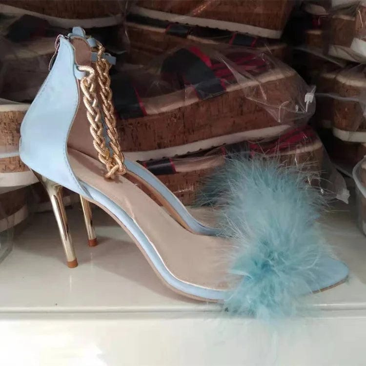 39 / Blue New design Feather Women's high heel Sandals dress wedding metal chain shoes parliament formal dancing party slide for ladies