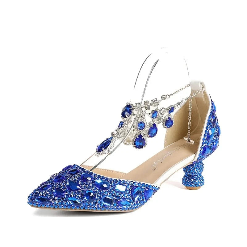 39 / Blue S4659F   New 5cm rhinestones are now made of viscose buckle low-top chunky heel blue pointed crystal wedding shoes
