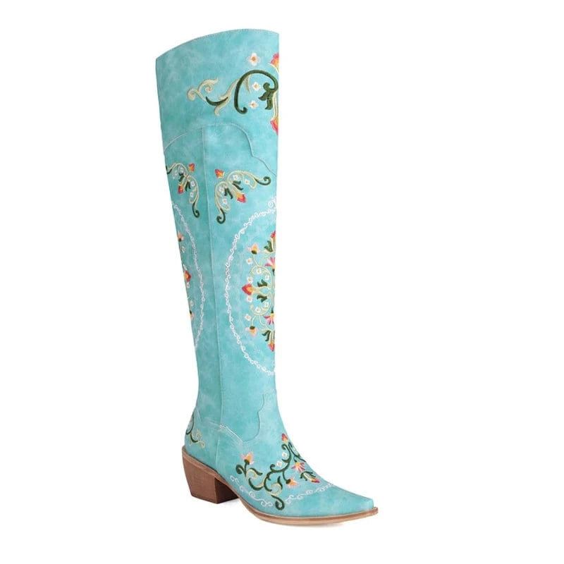39 / Blue Women Floral Embroidered Over Knee High Boots Ladies Low 6cm Wedge Heels Shoes Pointed toe Flower Long Booties