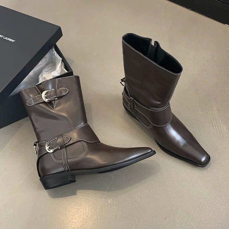 39 / Brown Niche Design Metal Buckle Ankle Boots Women 2025 New Vintage Thick Heel Square Head Knight Boots Comfortable Low Heel Boots